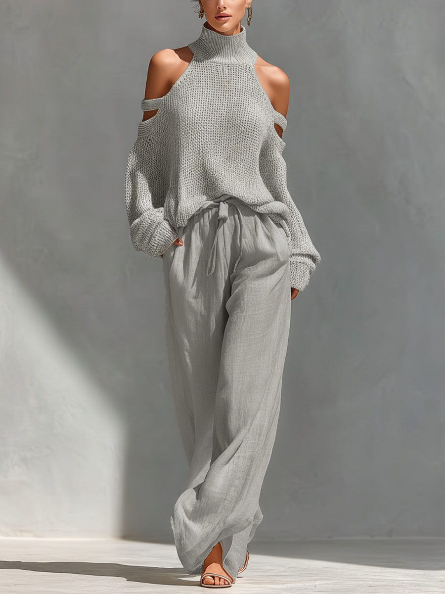 Thalia - Conjunto Beige de Top de Punto con Hombros Descubiertos y Pantalones de Pierna Ancha