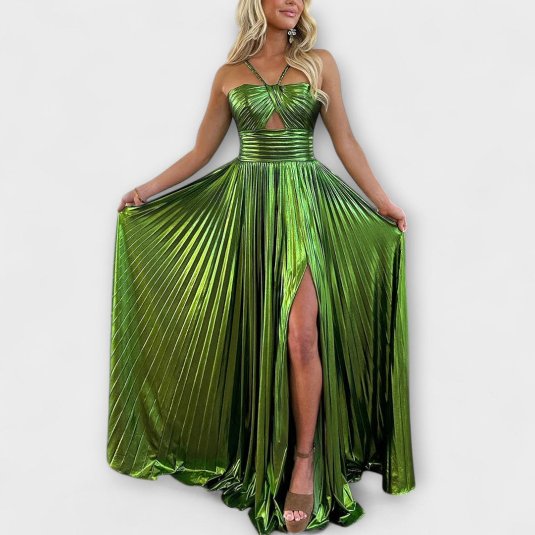 Vestido maxi con tela metálica