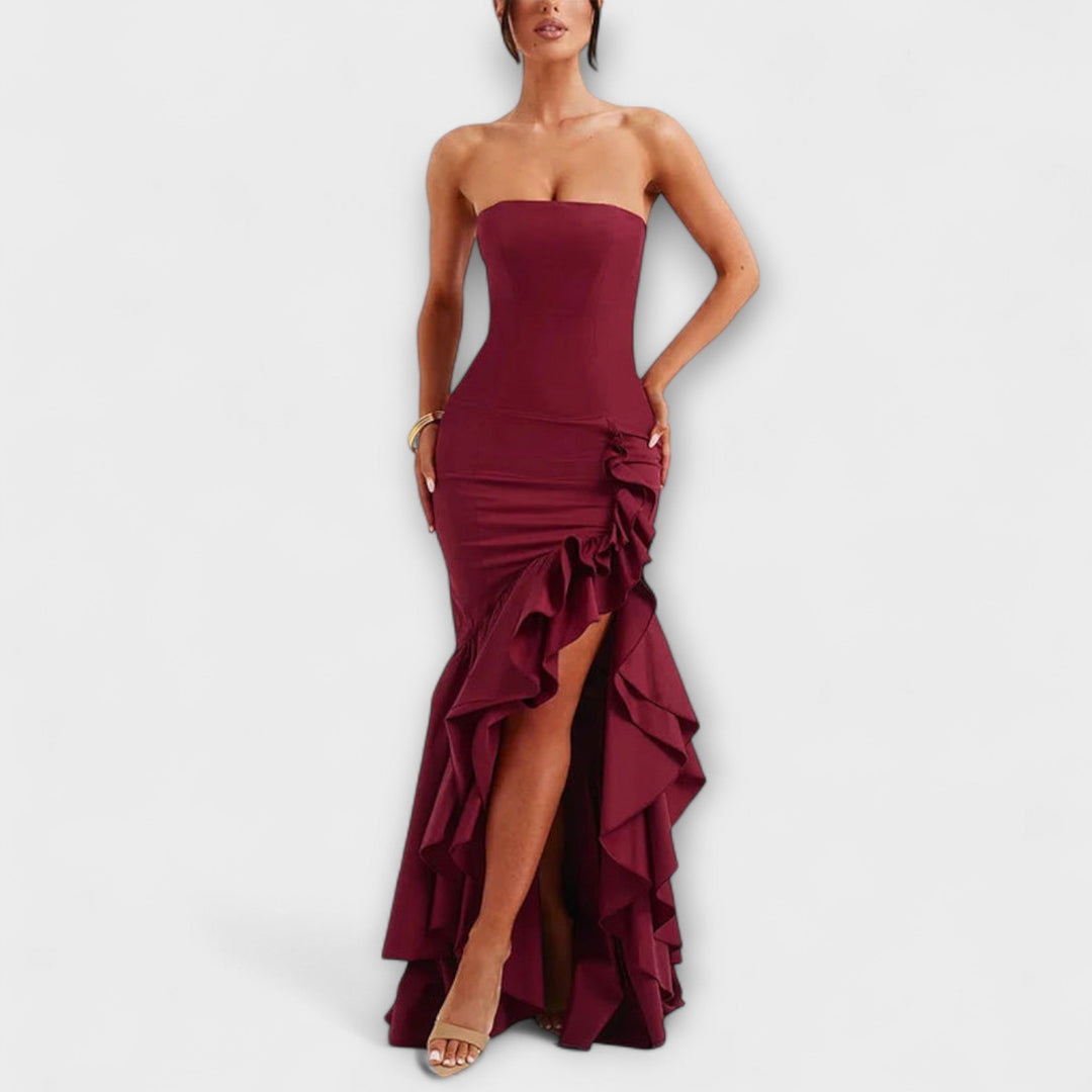 Zuri - Vestido maxi con hombros descubiertos y dobladillo asimétrico