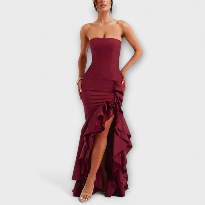 Zuri - Vestido maxi con hombros descubiertos y dobladillo asimétrico