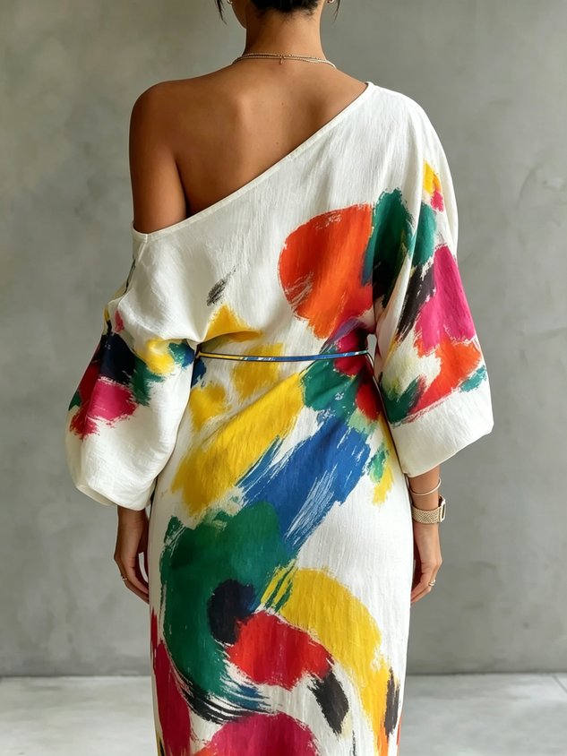 Vestido maxi asimétrico con estampado abstracto