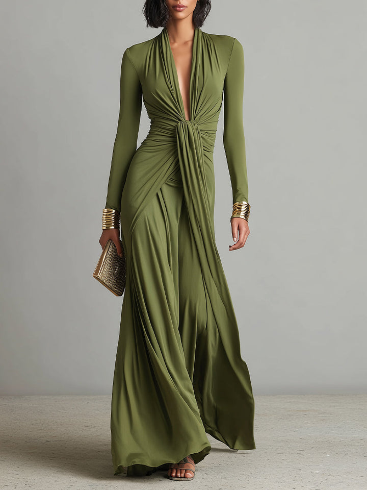 Maxivestido de seda verde oliva con escote en V