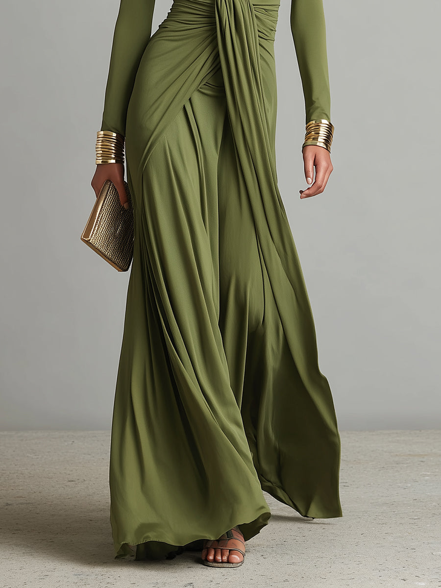 Maxivestido de seda verde oliva con escote en V