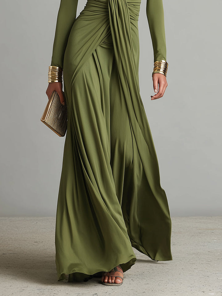 Maxivestido de seda verde oliva con escote en V