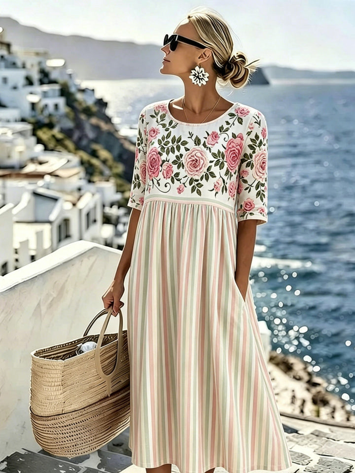 Elodie™ | Vestido Midi Rayas Rosa Retro