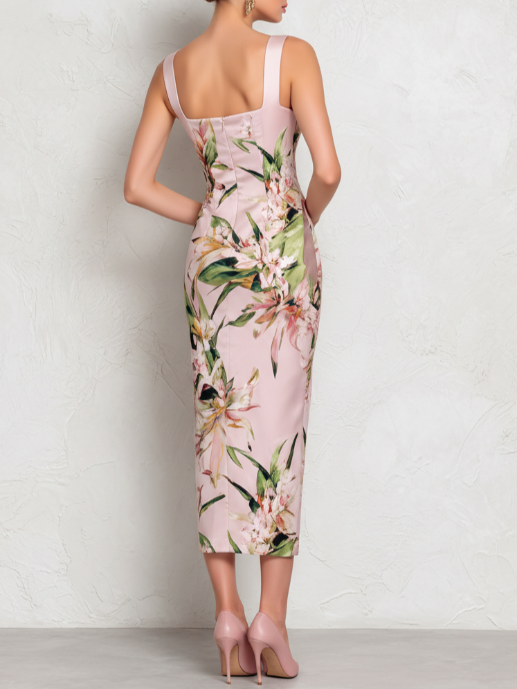 Ámbar - Vestido Midi de Satén Floral en Rosa con Escote Cuadrado