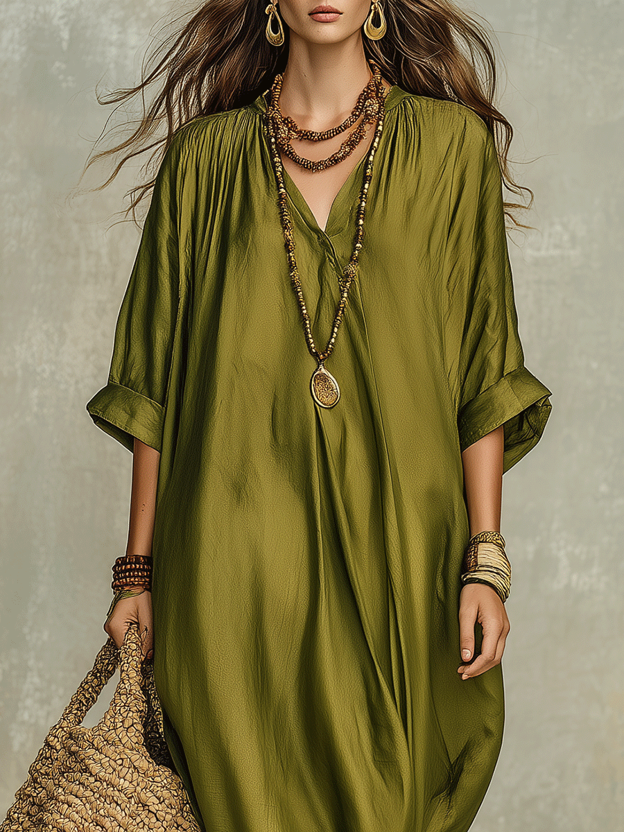 Vestido maxi bohemio verde oliva holgado