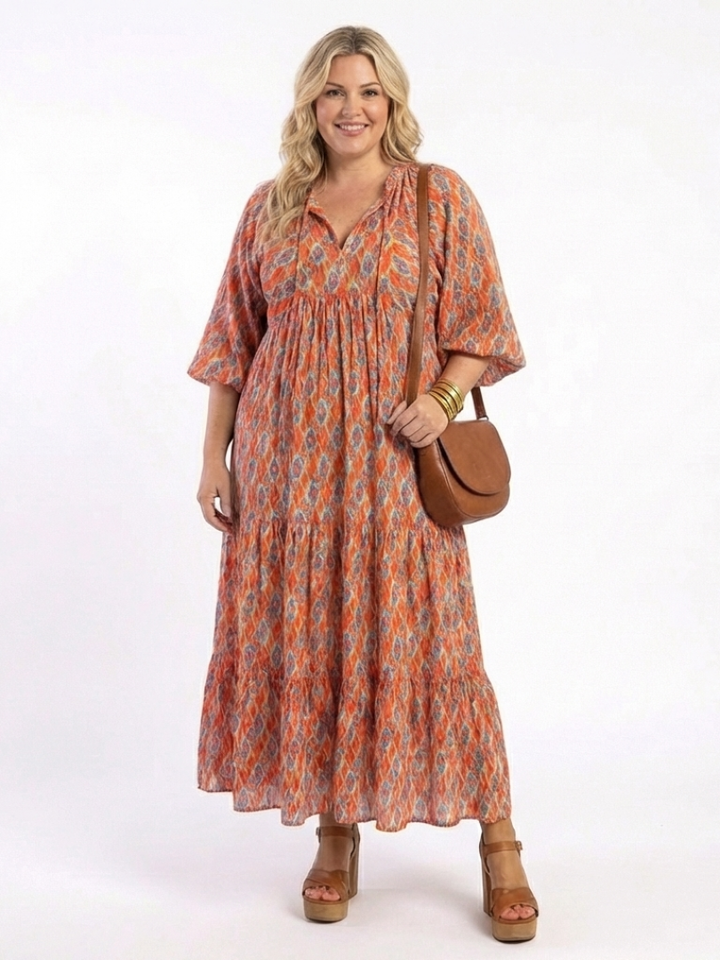 Amara | Vestido Midi con Capa y Estampado Geométrico de Escote en V