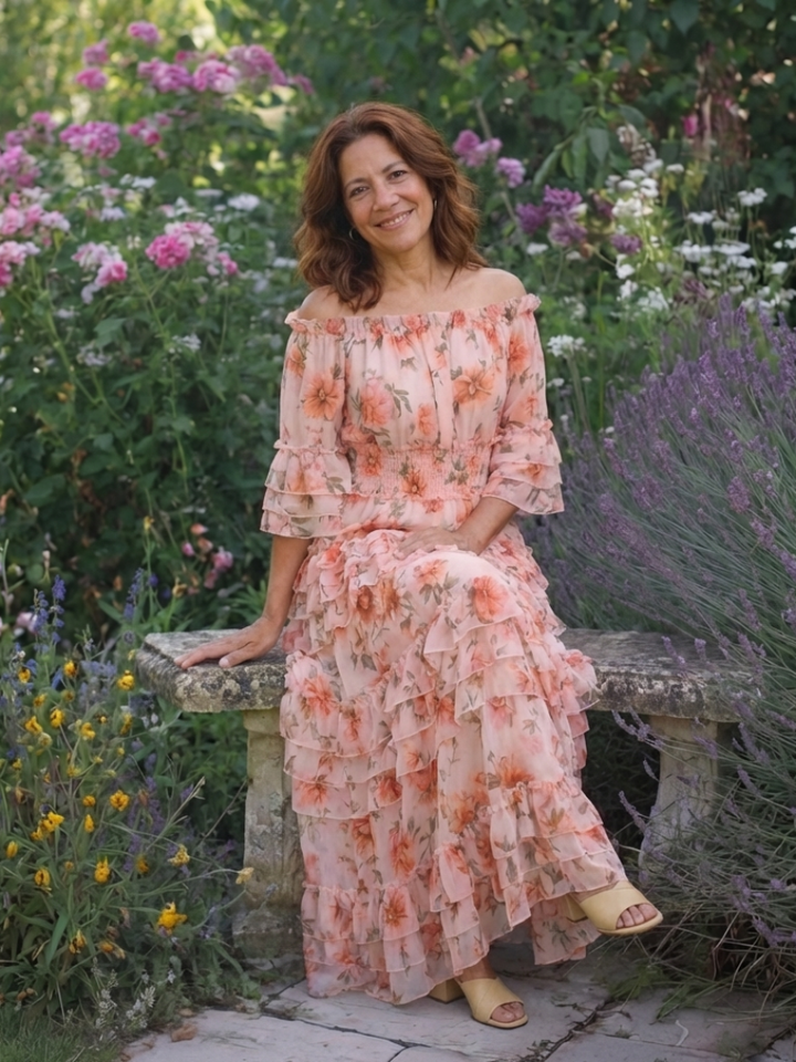 Rosalie | Maxivestido con volantes florales y diseño sin hombros