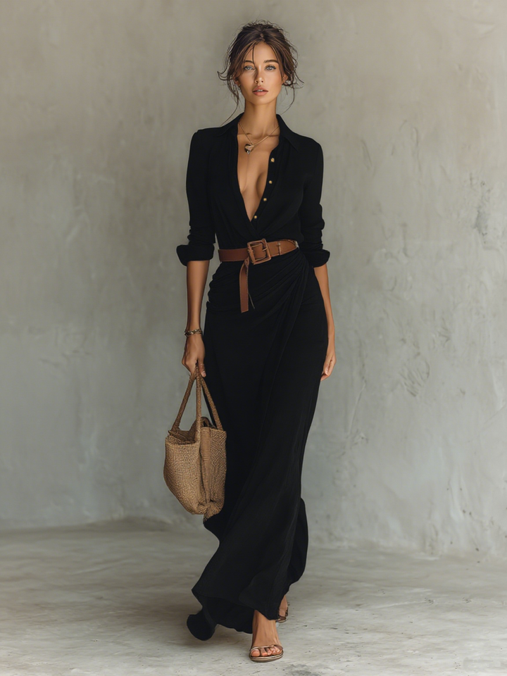 Maxi Vestido con Cuello en V y Mangas Largas