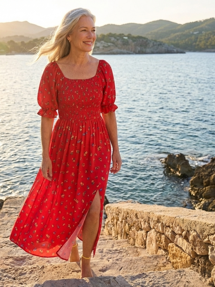 Delphine | Vestido Midi Floral con Escote Cuadrado