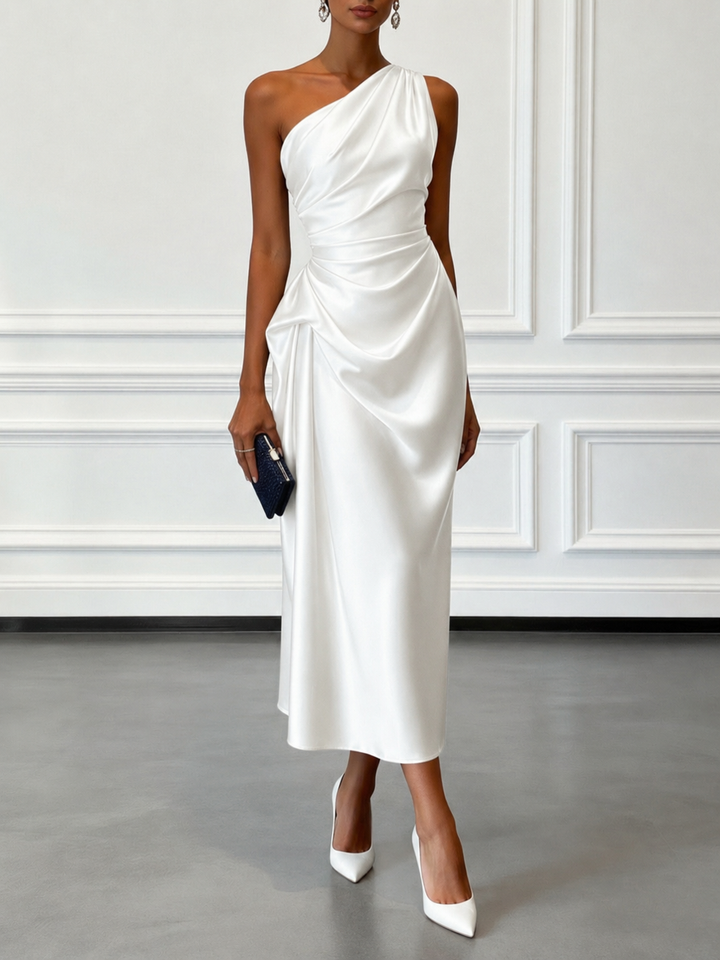 Caille - Vestido midi sin mangas de satén rizado color champán
