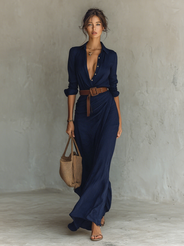 Maxi Vestido con Cuello en V y Mangas Largas