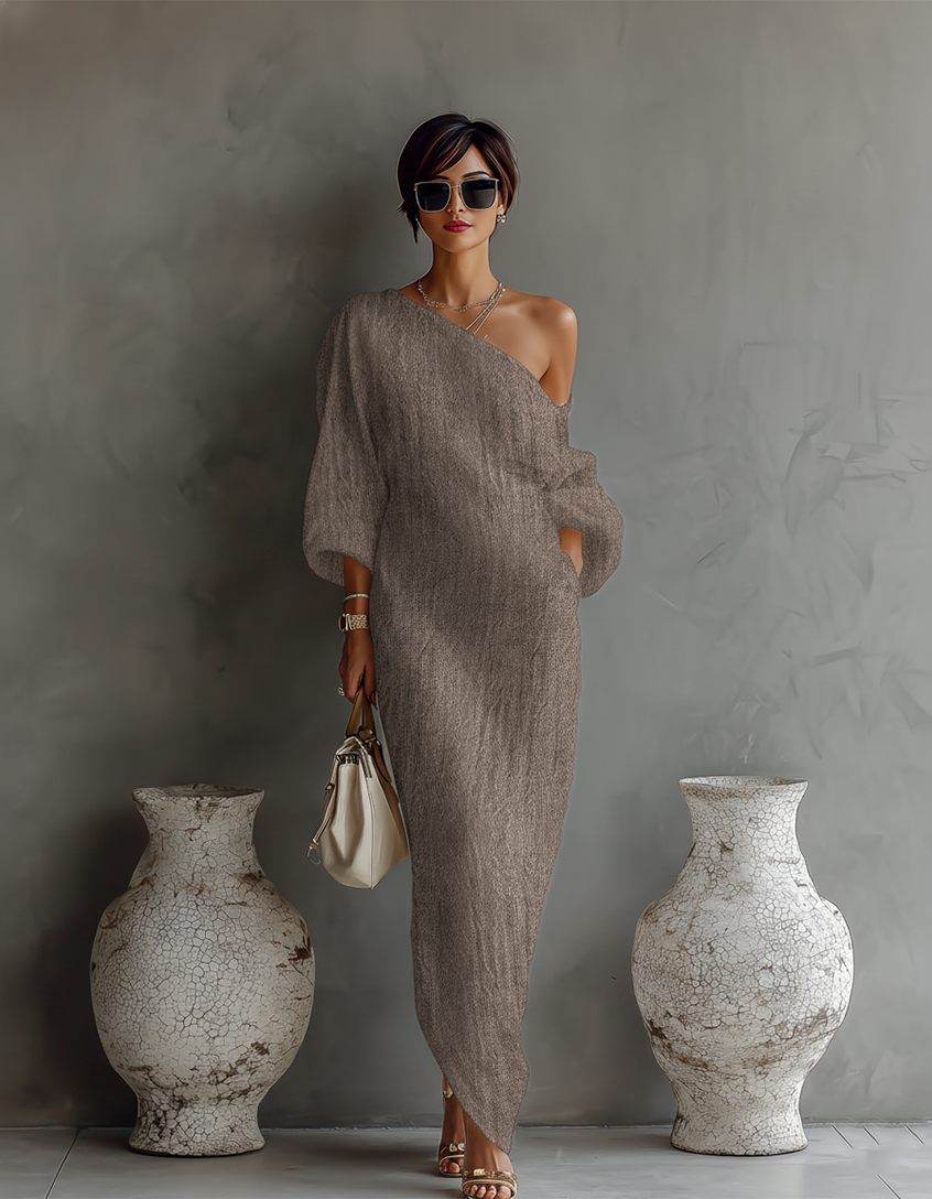 Vestido de Lino Marfil con Escote Bardot
