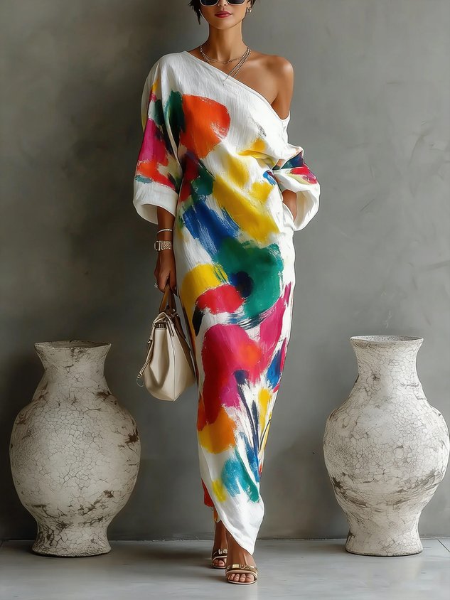 Vestido maxi asimétrico con estampado abstracto
