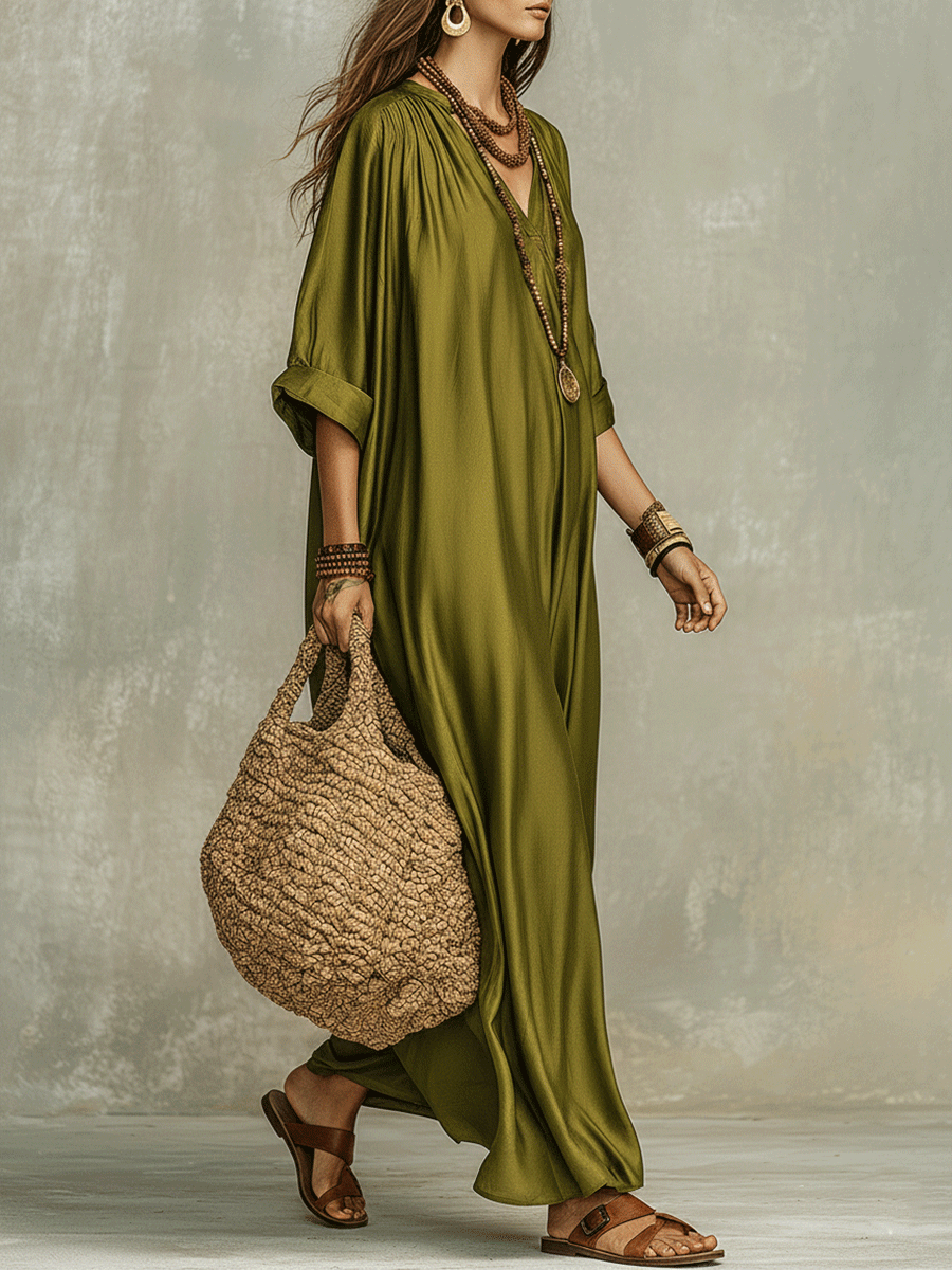 Vestido maxi bohemio verde oliva holgado