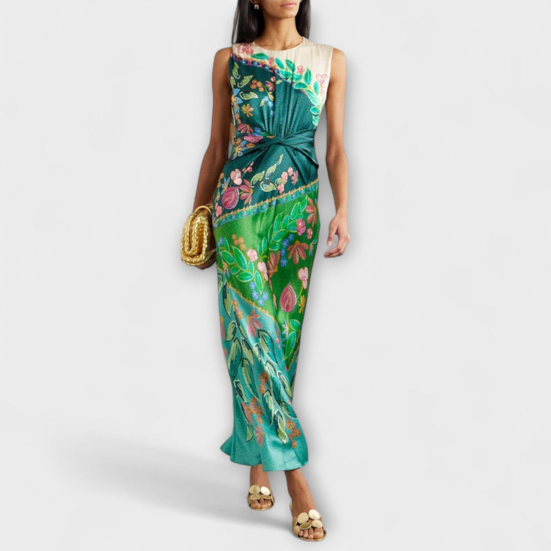 Aisling - Vestido Maxi Elegante con Drapeado y Estampado Floral