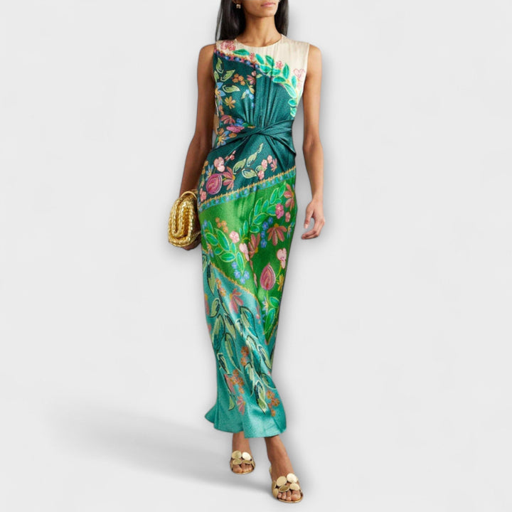 Aisling - Vestido Maxi Elegante con Drapeado y Estampado Floral