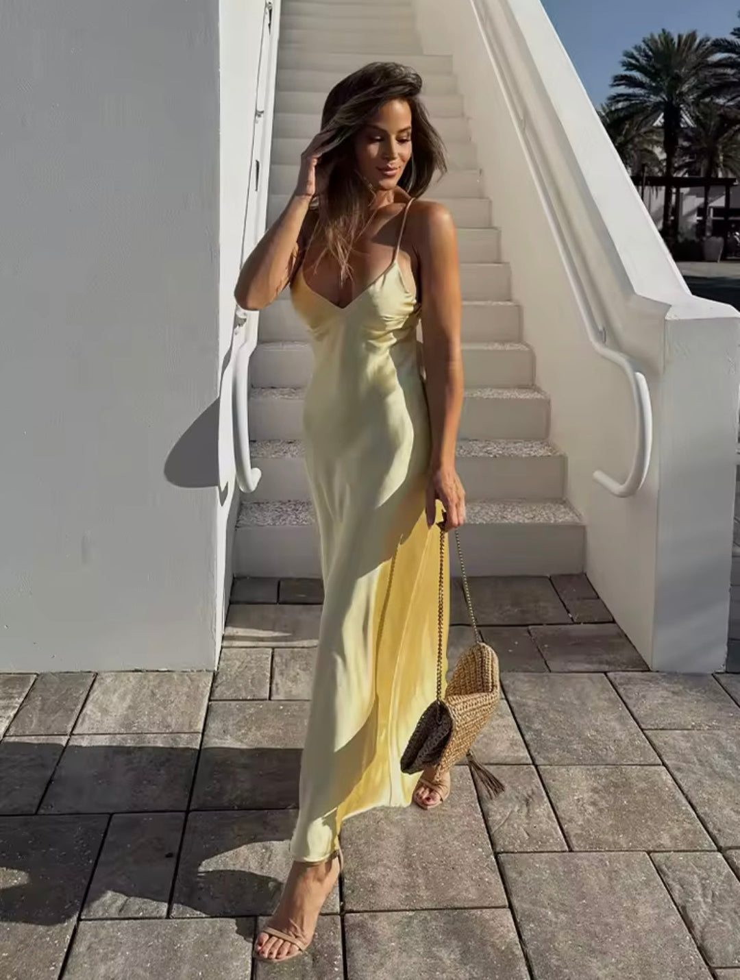 Nikka - Vestido maxi largo de satén