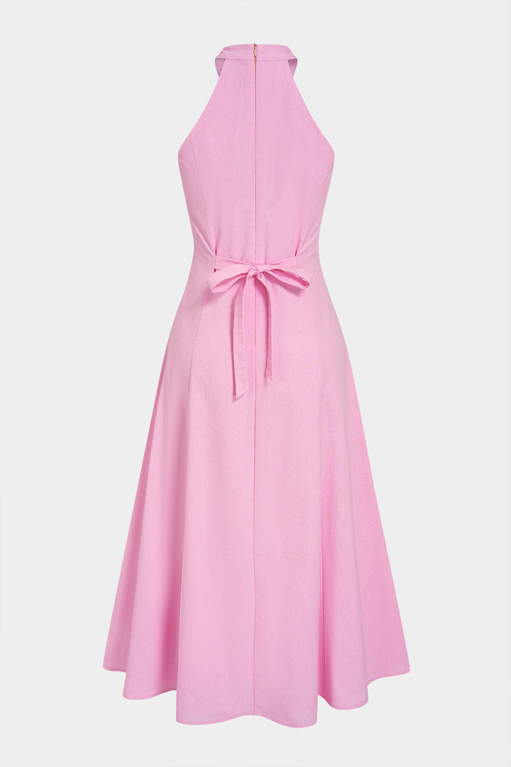 Vestido Maxi Metálico Sin Mangas con Escote Halter y Cierre de Lazo