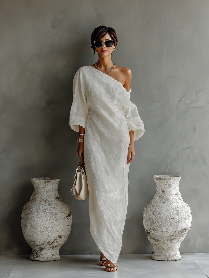 Aurora | Vestido Maxi Asimétrico de Un Hombro en Color Marfil