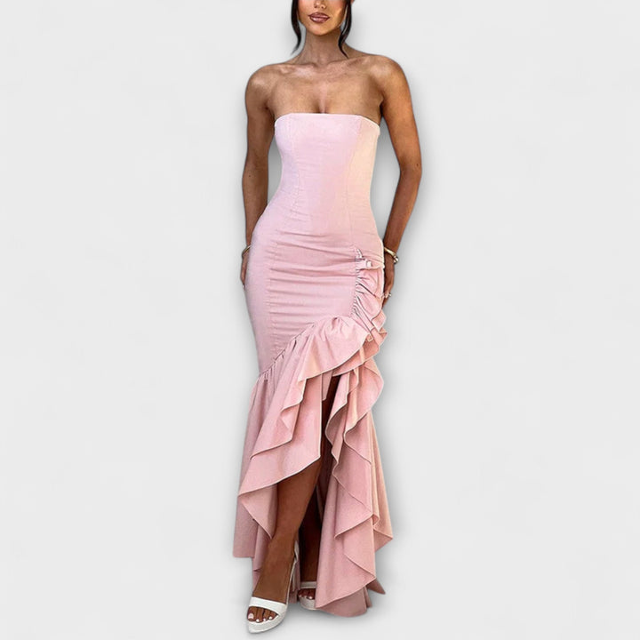 Zuri - Vestido maxi con hombros descubiertos y dobladillo asimétrico