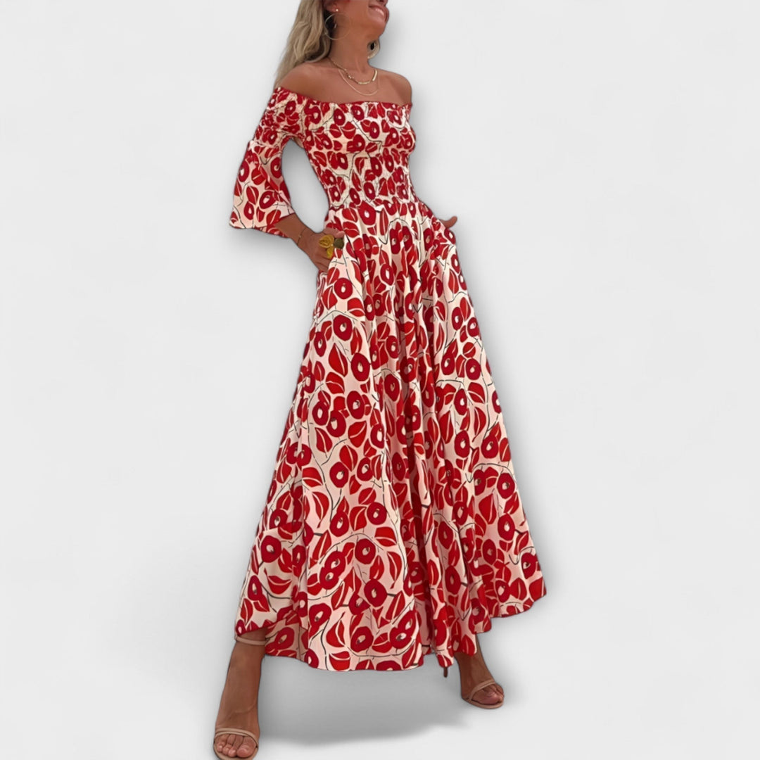 Bella - Vestido con hombros descubiertos y flores del océano