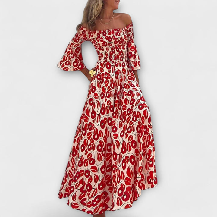 Bella - Vestido con hombros descubiertos y flores del océano