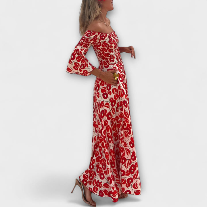 Bella - Vestido con hombros descubiertos y flores del océano