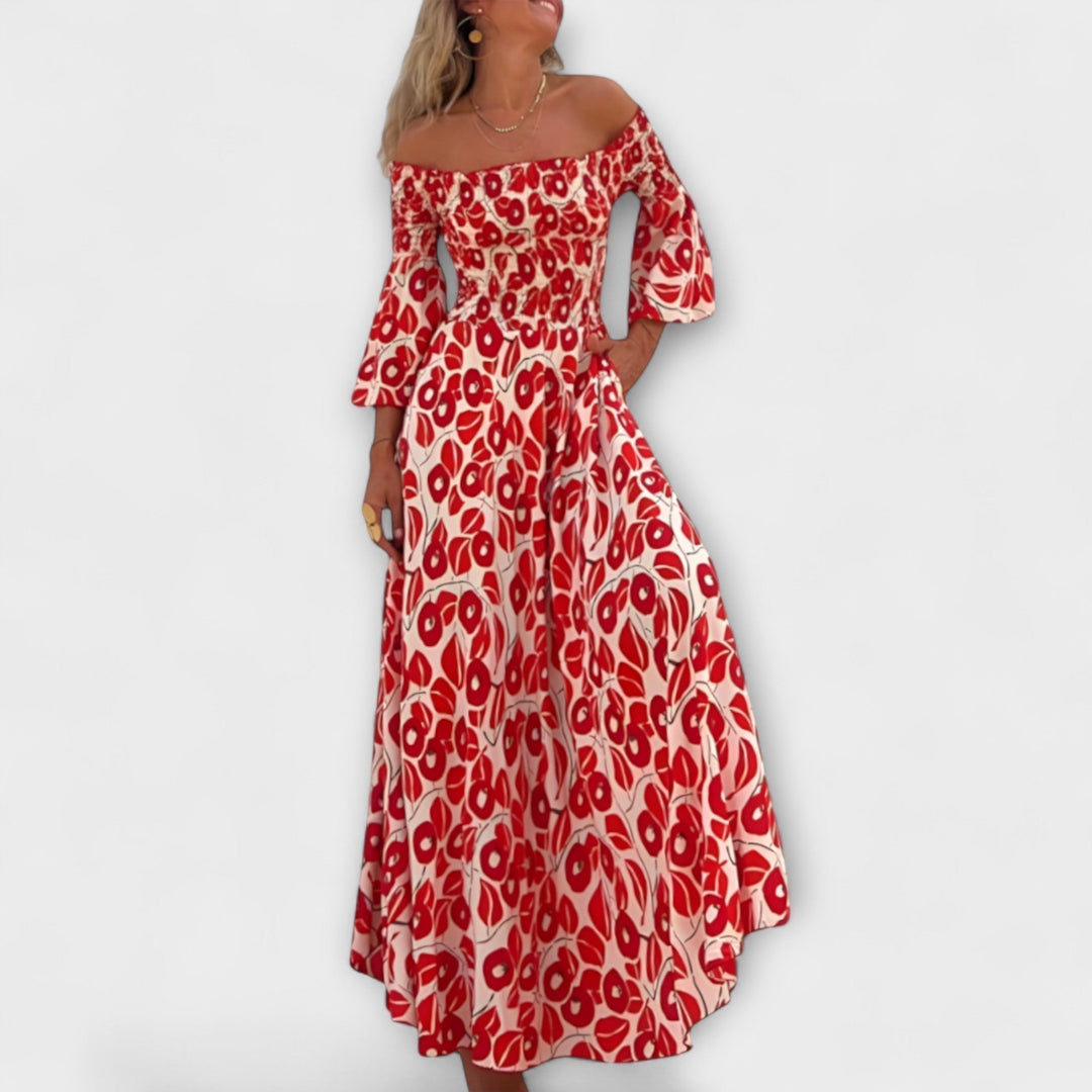Bella - Vestido con hombros descubiertos y flores del océano