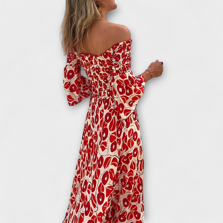 Bella - Vestido con hombros descubiertos y flores del océano