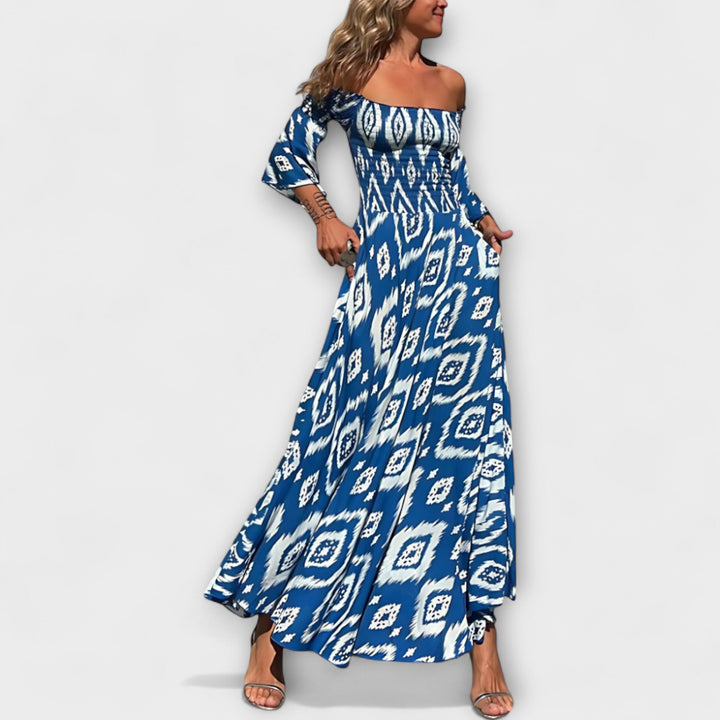 Bella - Vestido con hombros descubiertos y flores del océano