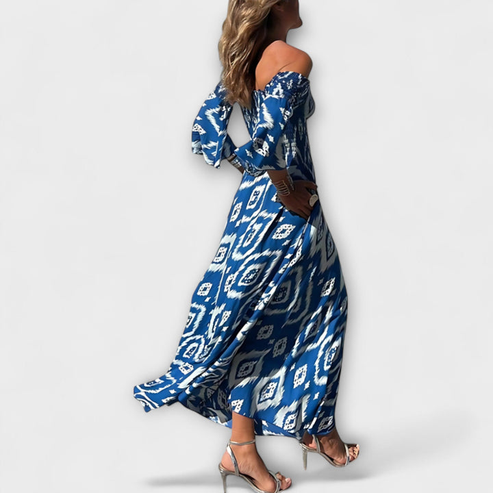 Bella - Vestido con hombros descubiertos y flores del océano