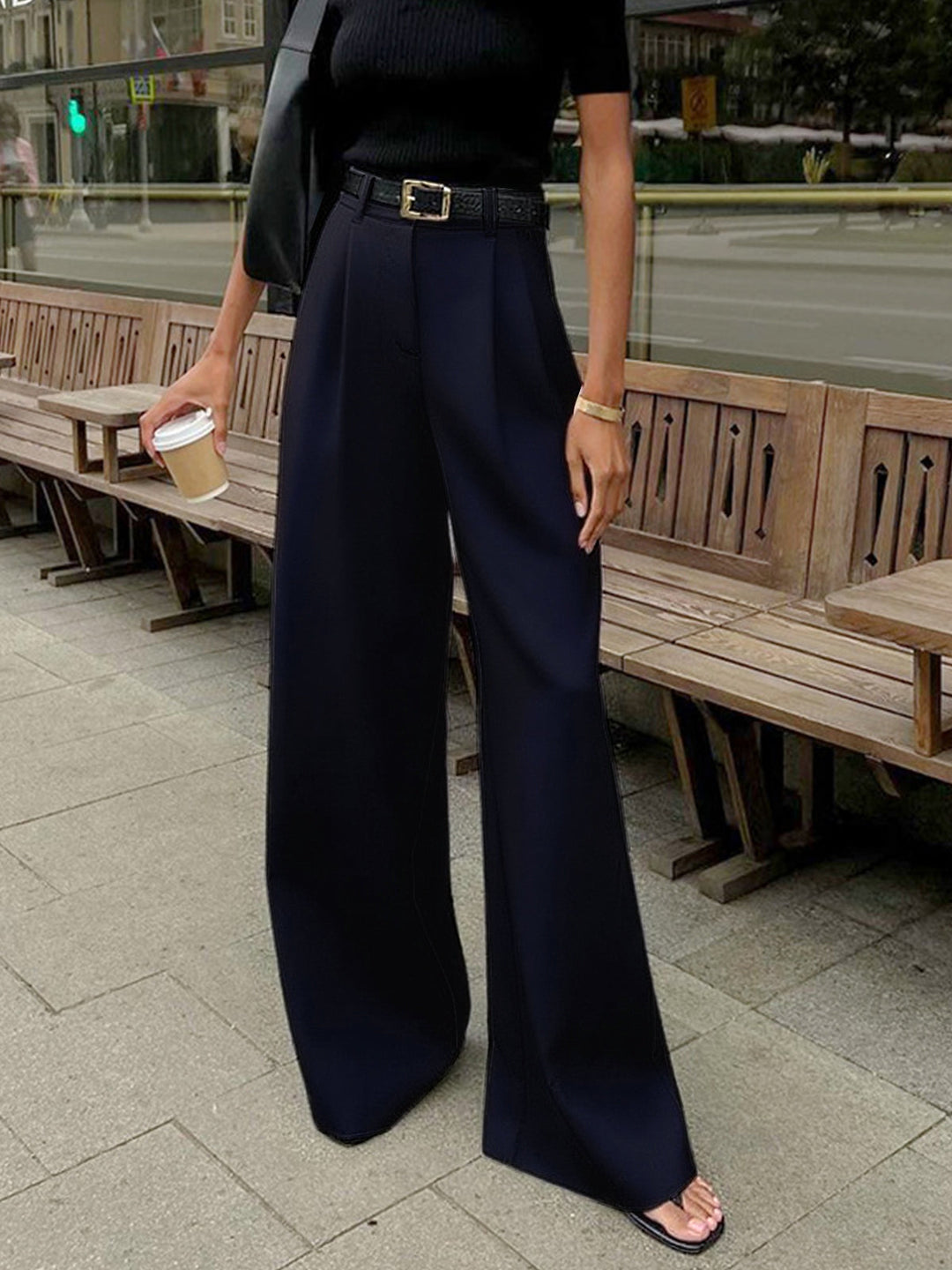 Pantalones de Pierna Ancha Lisos Sin Cinturón