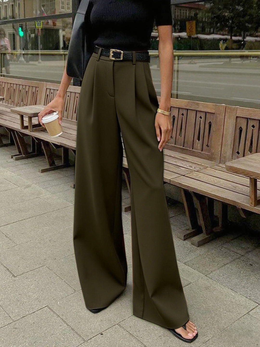 Pantalones de Pierna Ancha Lisos Sin Cinturón