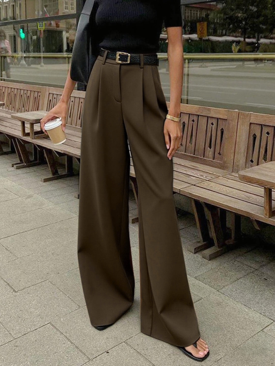 Pantalones de Pierna Ancha Lisos Sin Cinturón