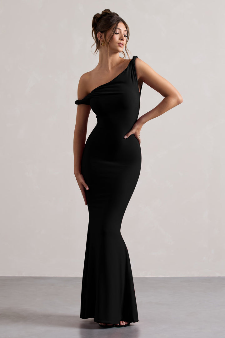 Lita | Vestido largo negro con escote asimétrico drapeado