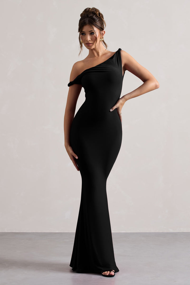 Lita | Vestido largo negro con escote asimétrico drapeado