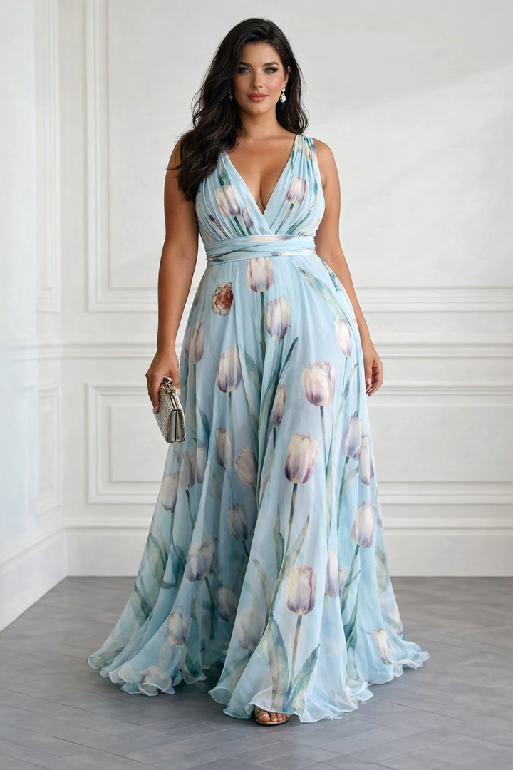 Nerea - Elegante Vestido Maxi con Cuello en V y Estampado de Tulipanes