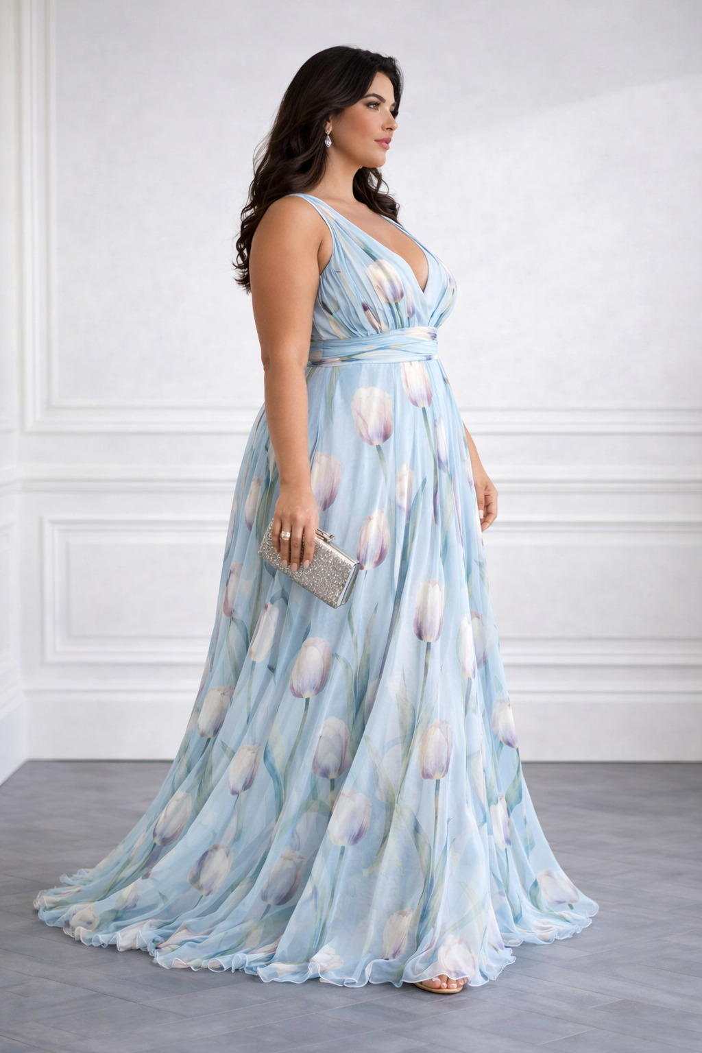 Nerea - Elegante Vestido Maxi con Cuello en V y Estampado de Tulipanes
