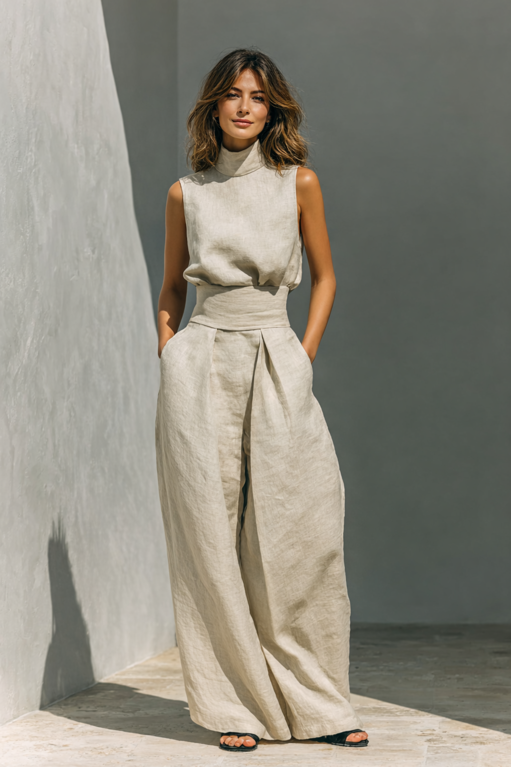 Maria™ | Conjunto de camiseta de tirantes y pantalones anchos de algodón y lino minimalista para mujer