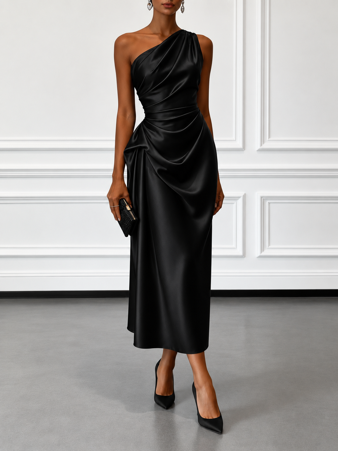 Caille - Vestido midi sin mangas de satén rizado color champán