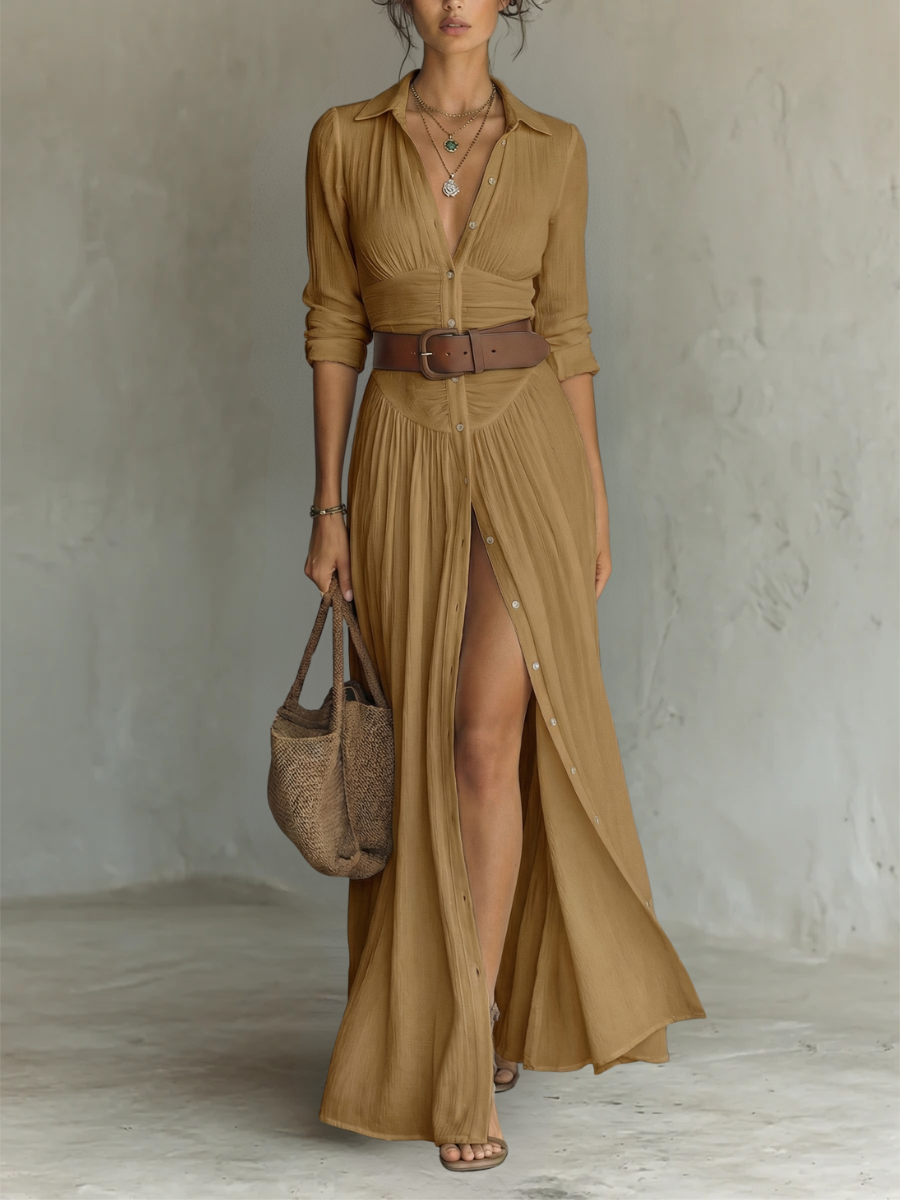 Kiara - Vestido maxi de manga larga con cuello solapa