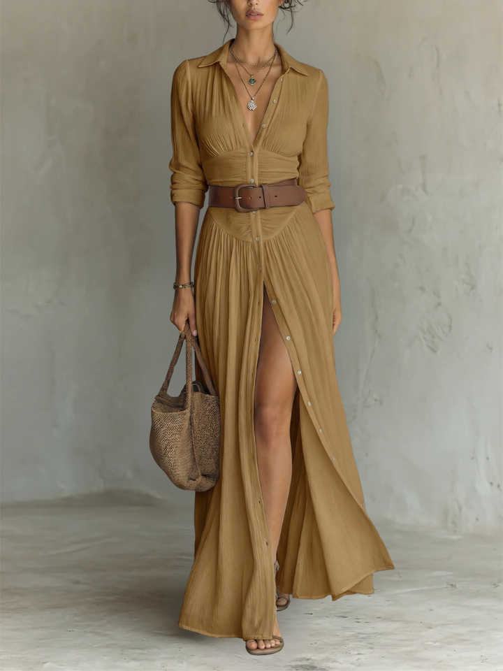 Kiara - Vestido maxi de manga larga con cuello solapa
