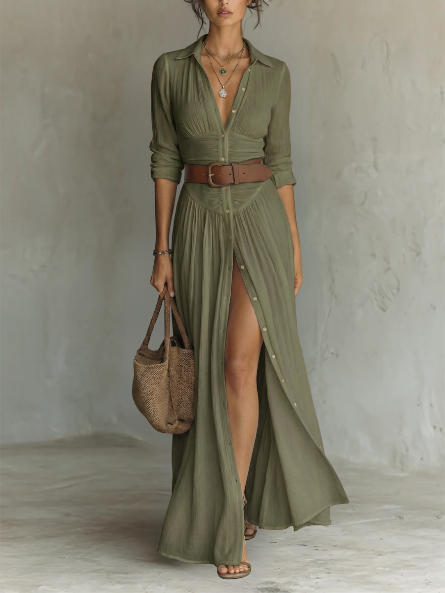 Kiara - Vestido maxi de manga larga con cuello solapa