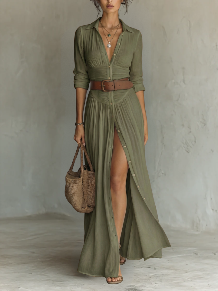 Maxivestido de lino con cuello con muesca y mangas largas
