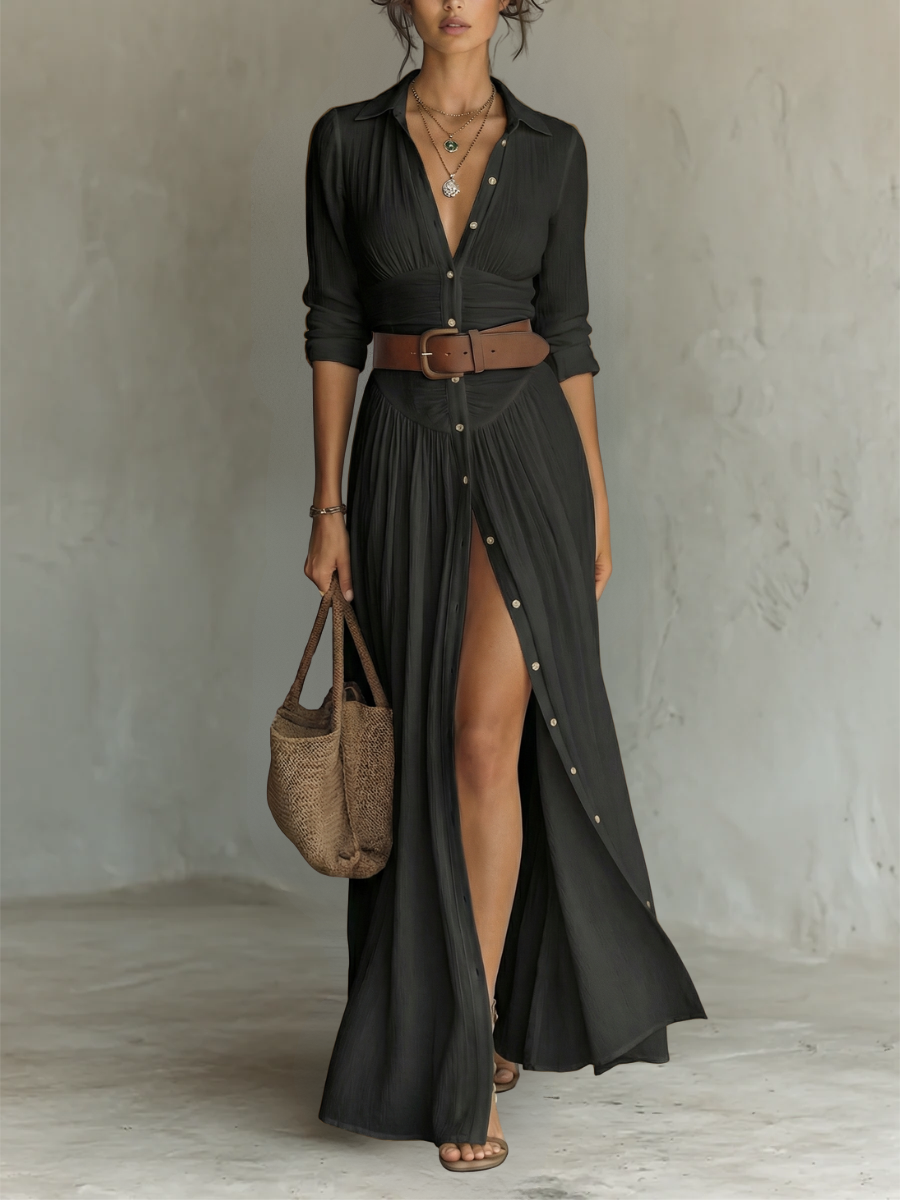 Kiara - Vestido maxi de manga larga con cuello solapa