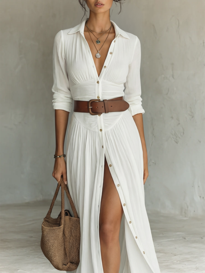 Maxivestido plisado de lino en color blanco