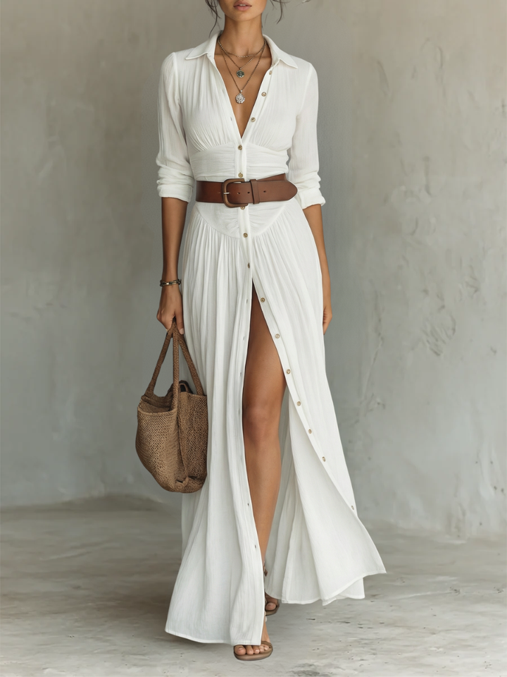 Maxivestido de lino con cuello con muesca y mangas largas
