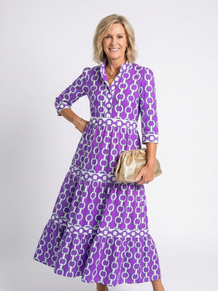 Ysolde | Vestido Midi de Manga 3/4 con Diseño de Cadena